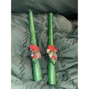 Vtg Trim A Home Christmas Decorative With Holly And Pine10" Green Taper Candles